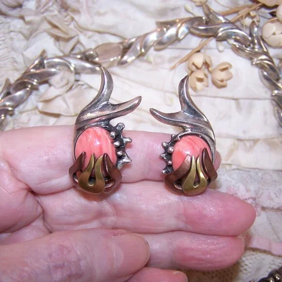 Made in Mexico Mexican 950 Silver and Pink Rhodochrosite Necklace/Clip Earrings - Picture 11 of 13
